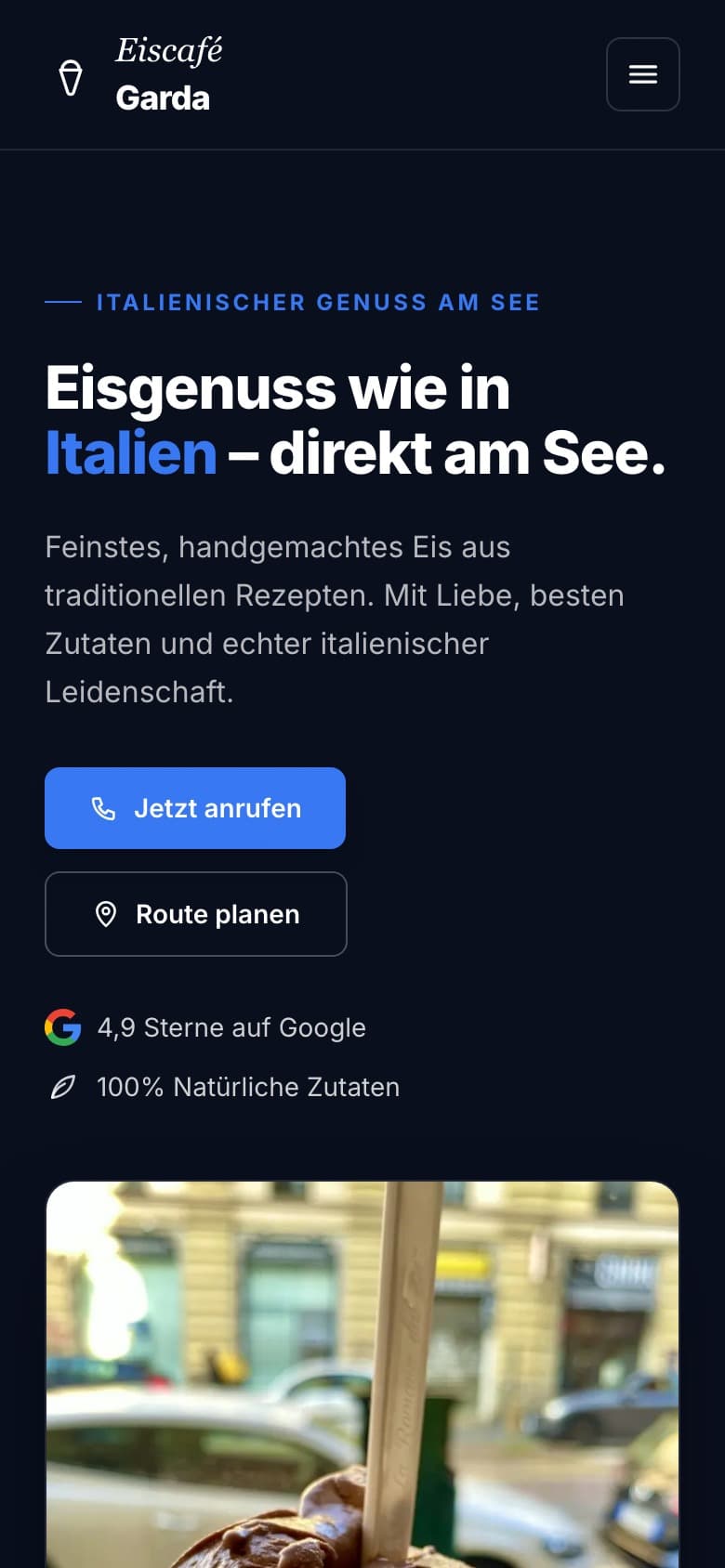 Mobile-Mockup von Eiscafé Garda