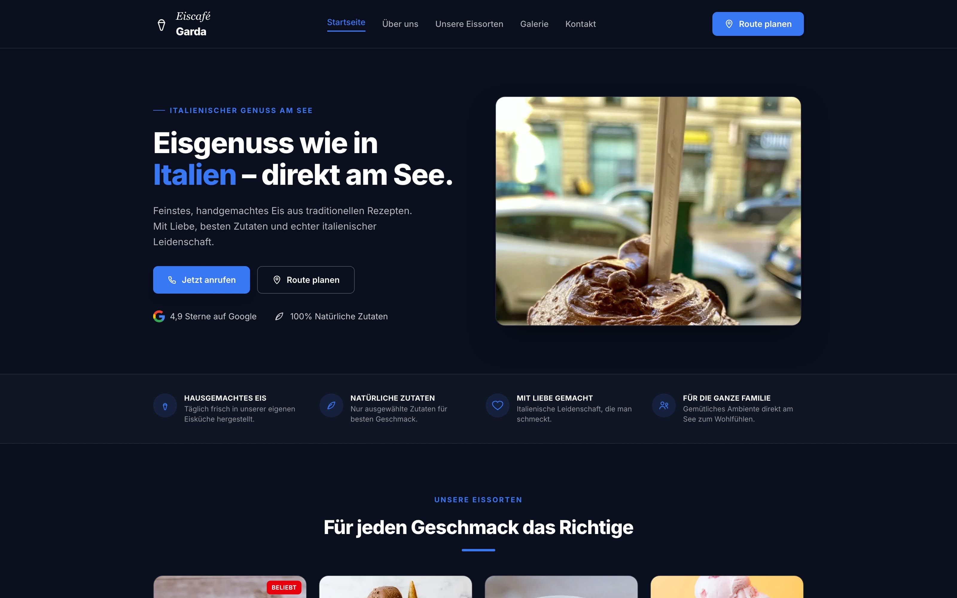 Screenshot der Demo-Website für Eiscafé Garda mit Hero-Bereich, Navigation und Eissorten